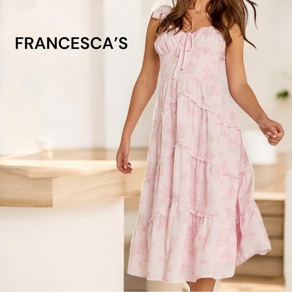 Francesca's Collections Dresses & Skirts - Francesca’s Romantic Pink Floral Tiered Midi Dress Tie Shoulder Bows Size M
